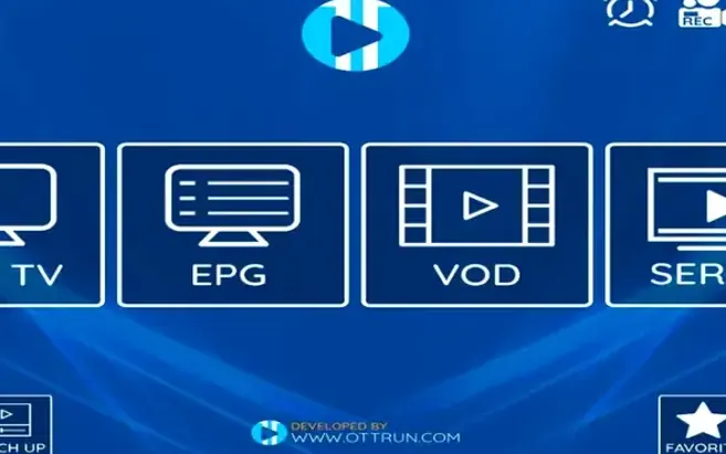Interface de player IPTV com TV ao vivo, guia, filmes e séries