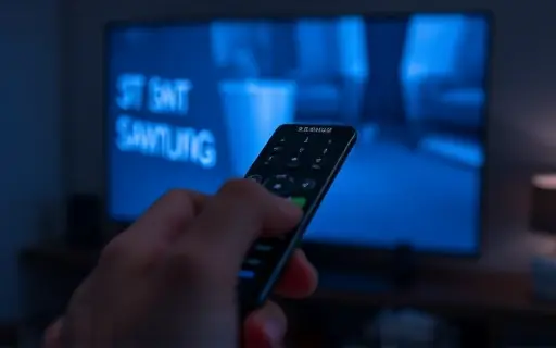 Mão segurando o controle remoto diante da TV