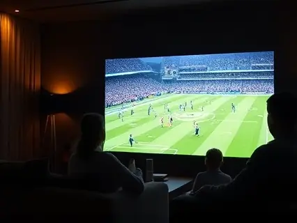 Sala escura com partida de futebol na televisão