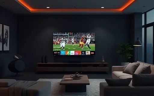 Sala escura com partida de futebol na televisão